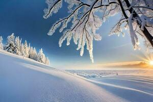 vinter- landskap med träd och Sol. ai-genererad foto