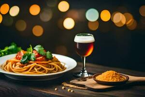 spaghetti med tomat sås och bröd på en trä- tabell. ai-genererad foto