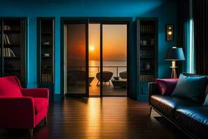 en levande rum med blå väggar och en se av de hav. ai-genererad foto