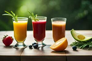 tre glasögon av juice med frukt och grönsaker. ai-genererad foto