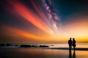 två människor stå på de strand på solnedgång. ai-genererad foto