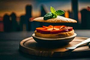 en smörgås med tomater och basilika på en trä- tallrik. ai-genererad foto
