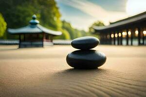 två stenar är Sammanträde på de sand i främre av en pagod. ai-genererad foto