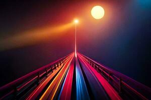 en lång bro med lampor och en ljus Sol. ai-genererad foto