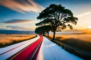 en lång exponering fotografera av en väg med en träd i de förgrund. ai-genererad foto