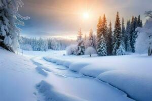 vinter- landskap med snö täckt träd och Sol. ai-genererad foto