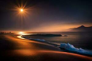 de Sol lyser över de hav och vågor. ai-genererad foto