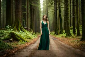 en kvinna i en grön klänning stående på en väg i de skog. ai-genererad foto