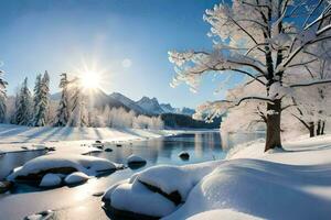 snö täckt träd och en flod i de vinter. ai-genererad foto