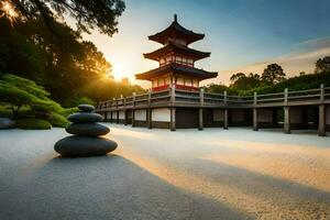 en pagod och stenar i en japansk trädgård. ai-genererad foto