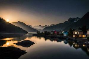 en sjö och hus i de bergen på solnedgång. ai-genererad foto