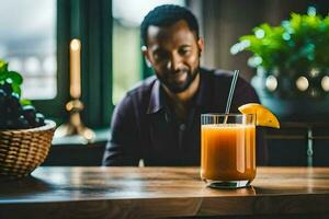 en man Sammanträde på en tabell med ett orange juice. ai-genererad foto