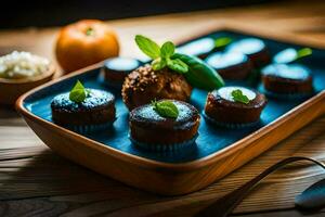 en blå tallrik med choklad muffins och en sked. ai-genererad foto