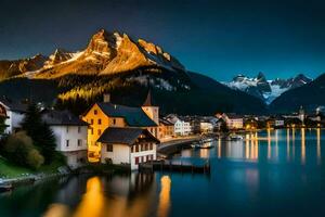 Foto tapet berg, de natt, sjö, schweiz, de alperna, sjö laut. ai-genererad