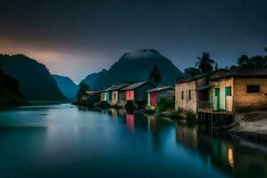 Foto tapet de himmel, vatten, berg, hus, de by, vietnam. ai-genererad