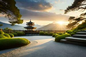 en japansk trädgård på solnedgång med en pagod i de bakgrund. ai-genererad foto