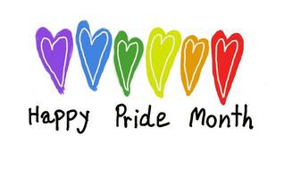 färgrik regnbåge färger hjärtan och text Lycklig stolthet månad. begrepp, symbol av HBTQ gemenskap firande runt om de värld i juni. Stöd mänsklig rätt av kön mångfald. foto