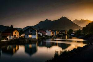 Foto tapet de himmel, berg, vatten, hus, de Sol, de berg, de vatten. ai-genererad