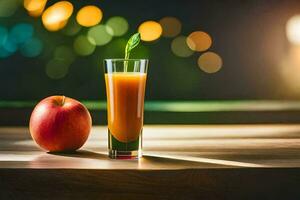 ett äpple och en glas av juice på en tabell. ai-genererad foto
