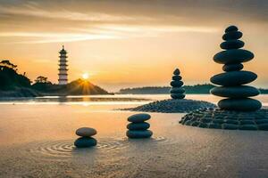 sten stackar på de strand på solnedgång. ai-genererad foto