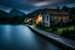 en hus sitter på de kant av en sjö på natt. ai-genererad foto
