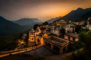 de solnedgång över de stad av rishikesh. ai-genererad foto