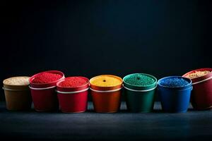 färgrik koppar med annorlunda färgad pulver i dem. ai-genererad foto