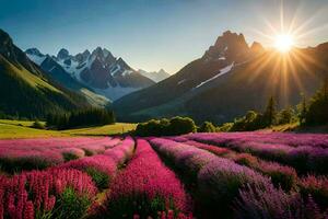 de Sol lyser över en lavendel- fält i de berg. ai-genererad foto