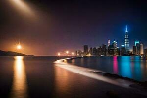 de stad horisont på natt med en ljus ljus lysande på Det. ai-genererad foto