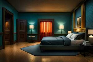 en sovrum med blå väggar och en säng. ai-genererad foto