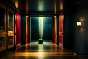 en hall med trä- golv och röd dörrar. ai-genererad foto