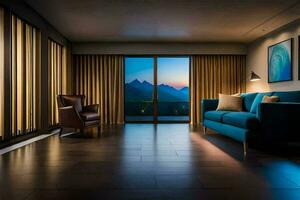 en levande rum med en blå soffa och en se av berg. ai-genererad foto