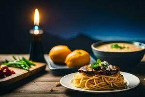 spaghetti med kött och grönsaker på en trä- tabell. ai-genererad foto