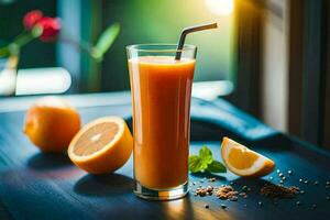 orange juice i en glas med en sugrör. ai-genererad foto