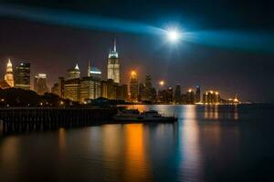 de måne stiger över de manhattan horisont på natt. ai-genererad foto