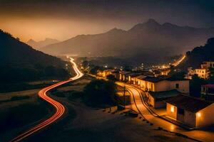 en stad på natt med lampor på de väg. ai-genererad foto