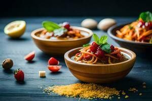 tre skålar av pasta med grönsaker och örter. ai-genererad foto