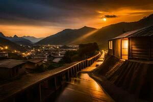 en små by på solnedgång med en hus och en berg i de bakgrund. ai-genererad foto