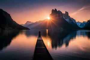 de Sol stiger över en sjö och berg. ai-genererad foto
