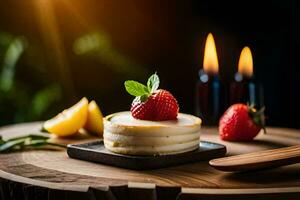 en cheesecake med jordgubbar och en ljus. ai-genererad foto