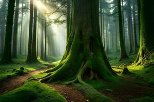 en väg genom en skog med en träd trunk. ai-genererad foto