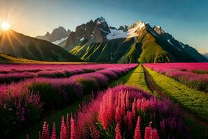 de Sol stiger över en fält av lila blommor i de berg. ai-genererad foto