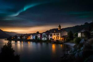 Foto tapet de himmel, sjö, hus, de stad, de berg, de himmel, de. ai-genererad