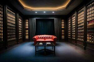 en bibliotek med en röd läder stol och bokhyllor. ai-genererad foto