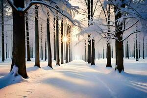 en snöig skog med träd och Sol. ai-genererad foto