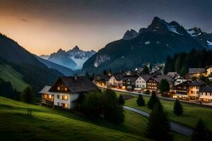 Foto tapet de himmel, berg, träd, hus, de by, de berg, de by. ai-genererad