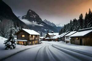 en snöig by i de berg. ai-genererad foto