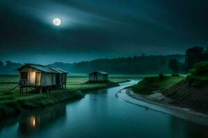de måne stiger över de flod. ai-genererad foto