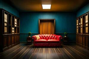 en röd soffa sitter i en rum med blå väggar. ai-genererad foto