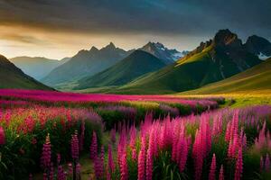 de skön landskap av de bergen och de blommor i de fält. ai-genererad foto